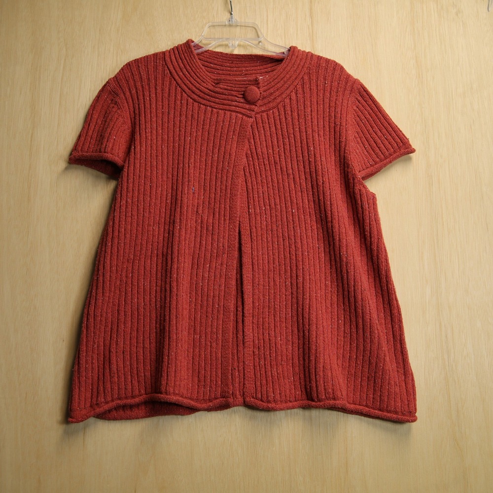 Kim Rogers Rust Red Ribbed Short Sleeve Cardigan Sweater XL Asymmetric Button